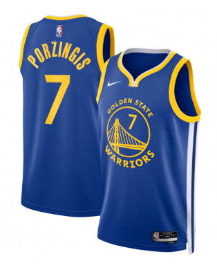 Maillot unisexe des Golden State Warriors avec Kristaps Porziņģis – Nike Royal Swingman – Édition Icon