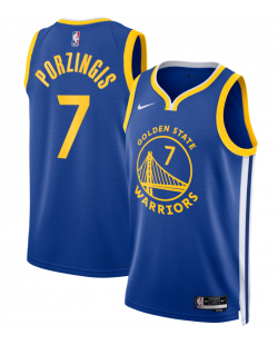 Maillot unisexe des Golden State Warriors avec Kristaps Porziņģis – Nike Royal Swingman – Édition Icon