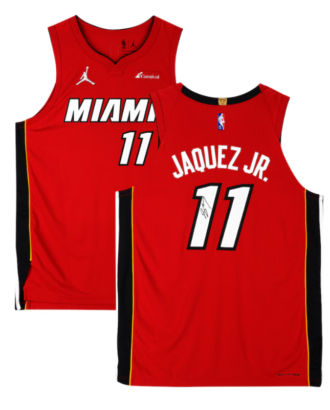 Maillot Authentic rouge « Statement » de la marque Jordan, signé par Jaime Jaquez Jr. des Miami Heat